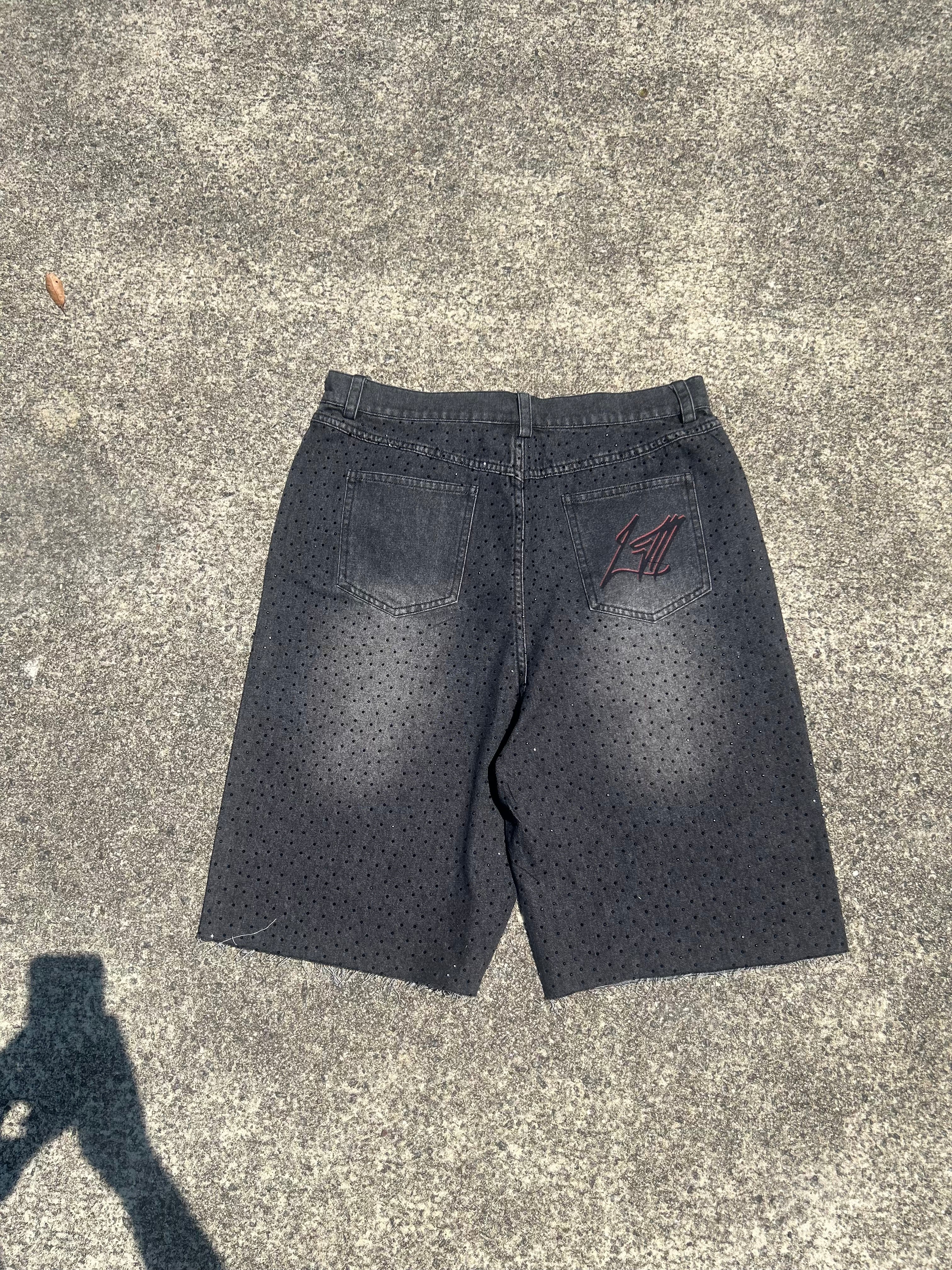 パンツ NoREMID RIGIT BAGGY JORTS-BLACK Hesaco Jorts for Men - Y2k Jorts Baggy Jorts Distressed Jeans